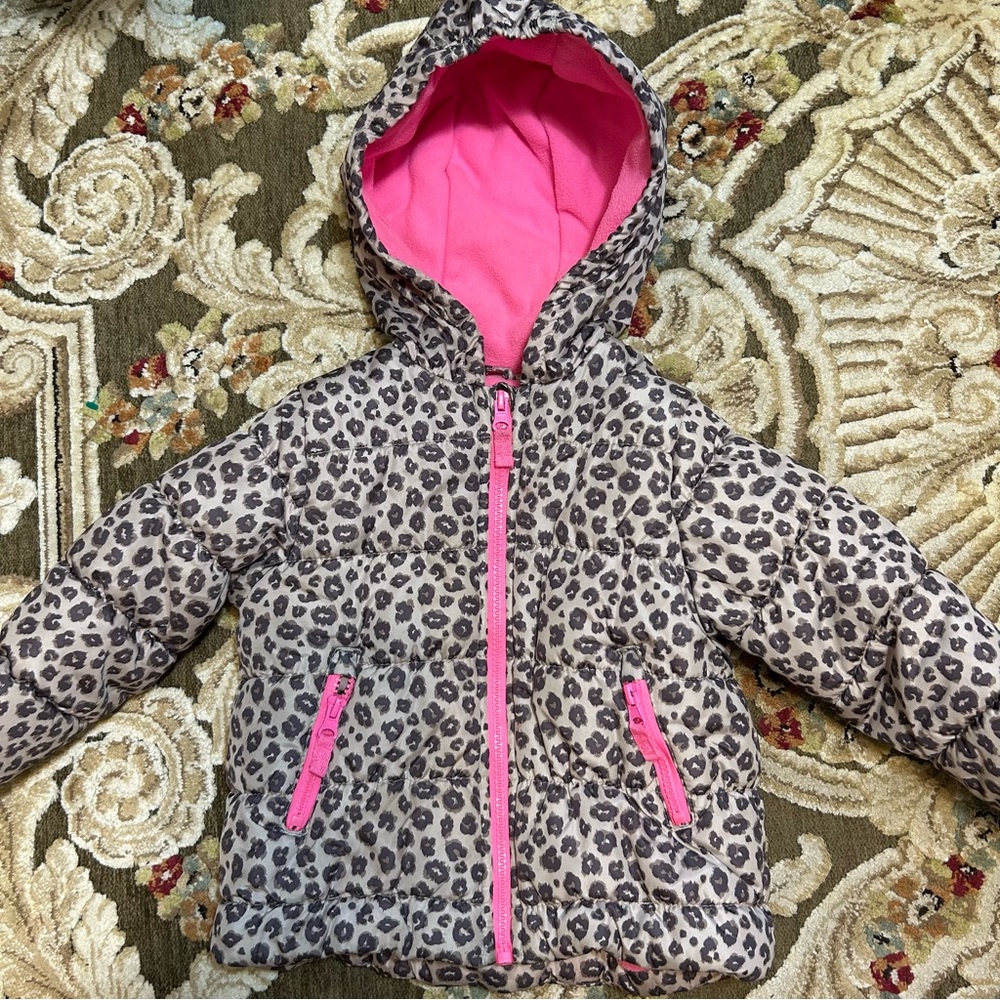 Carter's Pink Tan Brown Leopard Hooded Winter Puffer Coat 3T